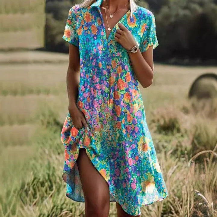 Womens Floral Dress with V-Neck and Button Front