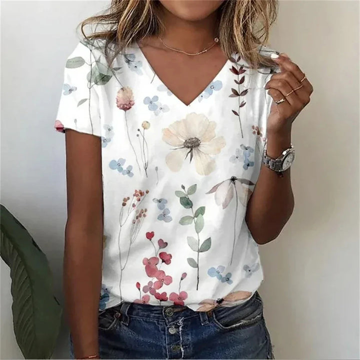 Womens V-Neck T-Shirt Cotton Loose Fit Casual