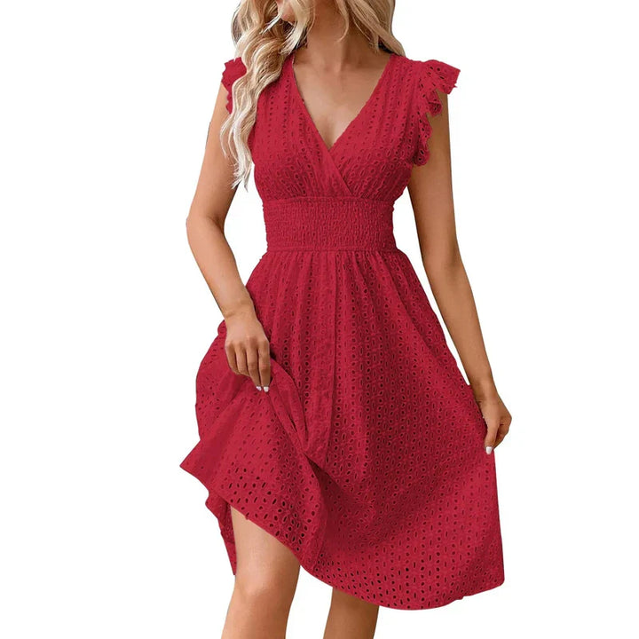 Womens Midi Dress with Lace and V-Neck