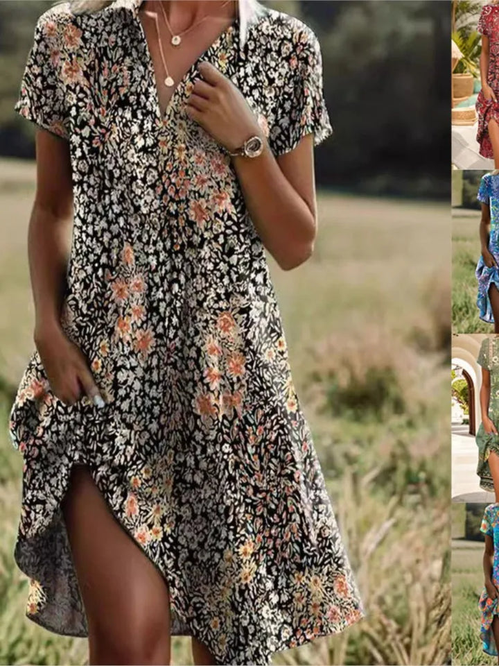 Womens Floral Dress with V-Neck and Button Front
