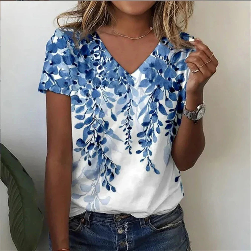 Womens V-Neck T-Shirt Cotton Loose Fit Casual