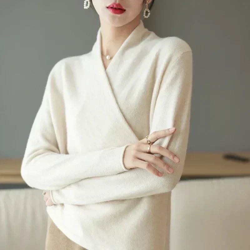 Womens Wrap Front V-Neck Knit Sweater Long Sleeve Soft
