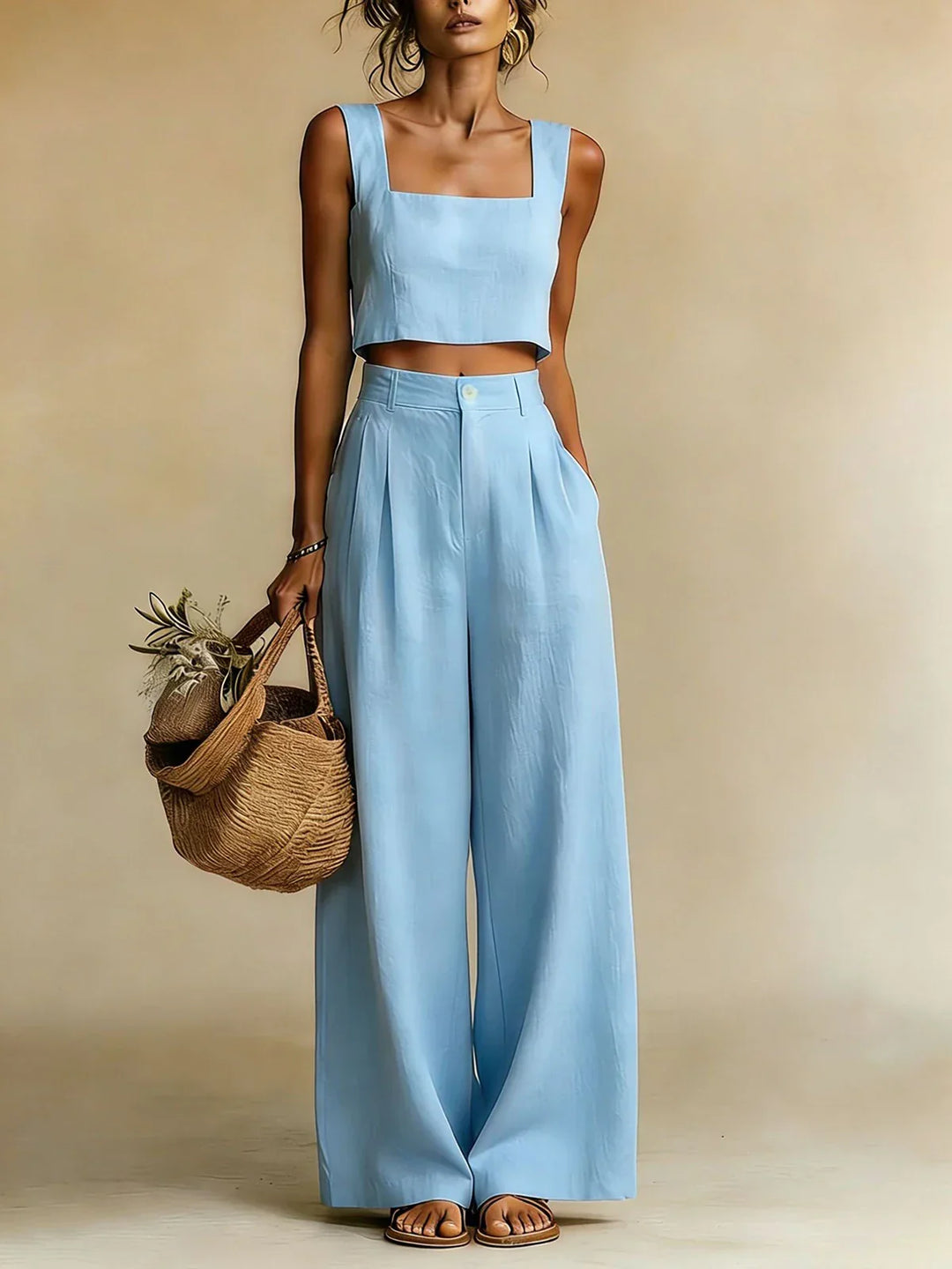 Womens Crop Top and Palazzo Trousers Set Square Neck Summer
