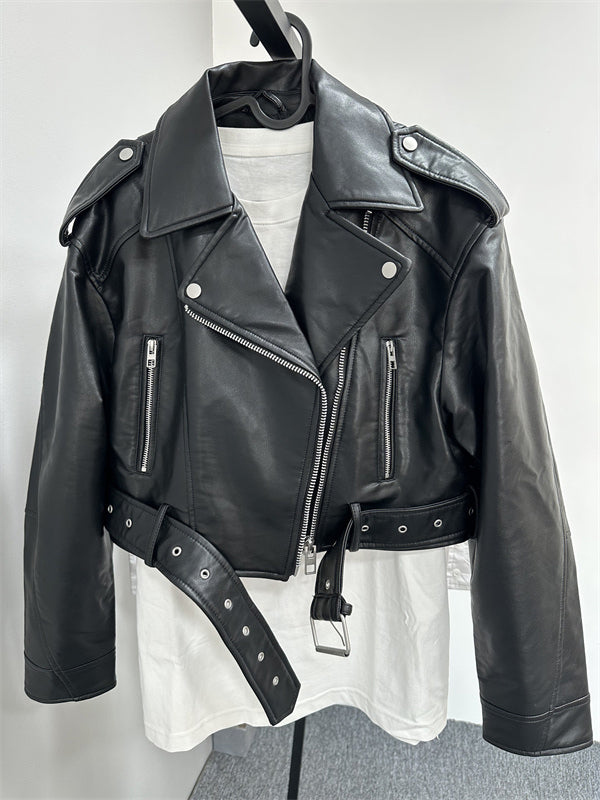 Womens Vegan Leather Coat with Zip and Belt