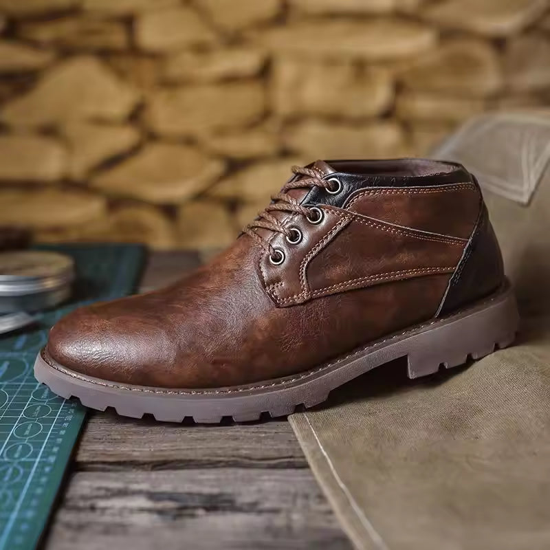 Mens Ankle Boots PU Leather Lace-Up Sturdy Sole