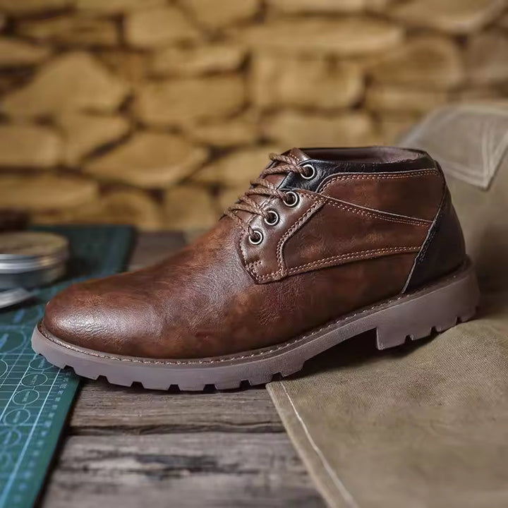 Mens Ankle Boots PU Leather Lace-Up Sturdy Sole