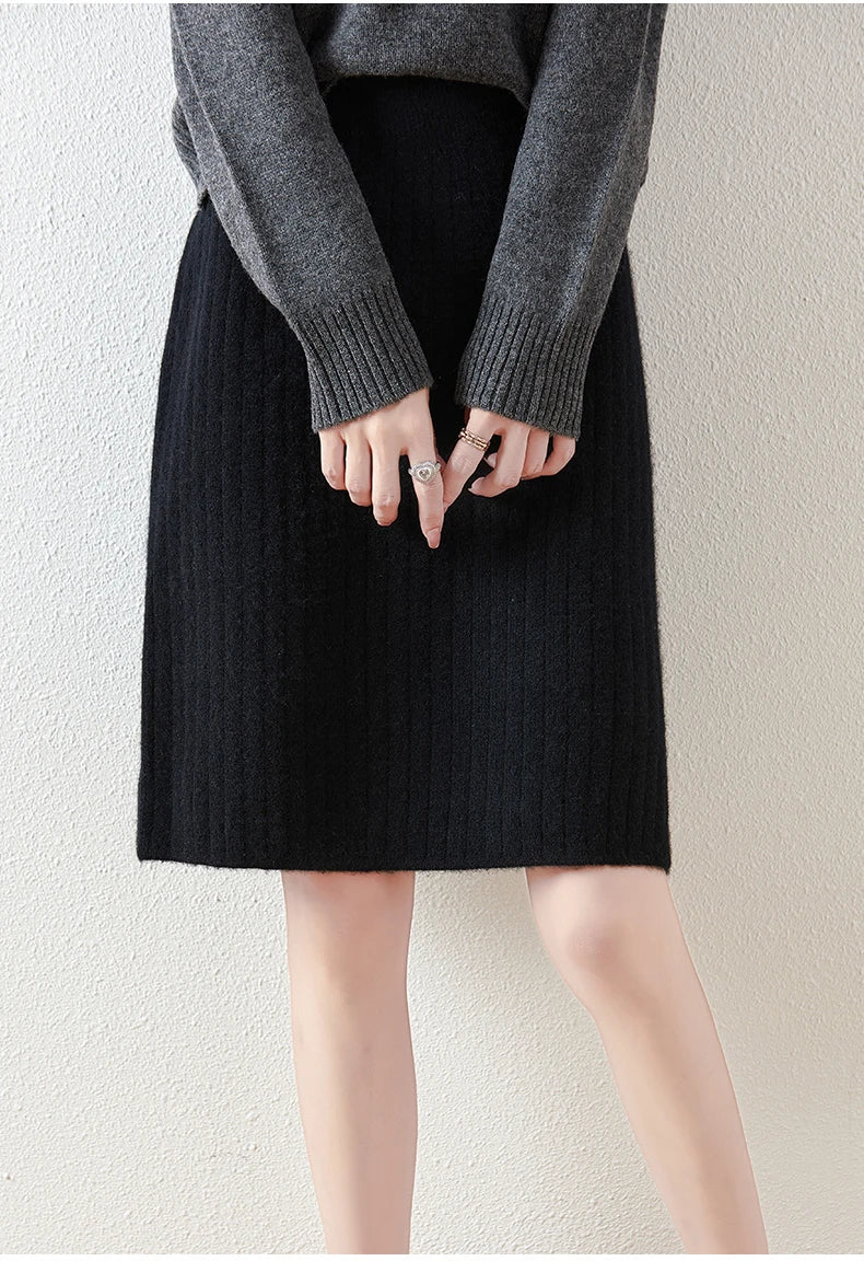 Womens Merino Wool Knit Midi Skirt Ribbed Soft Fit