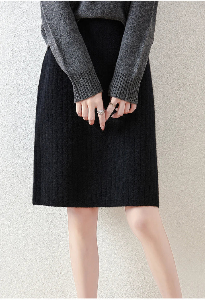 Womens Merino Wool Knit Midi Skirt Ribbed Soft Fit