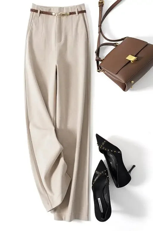 Womens High-Waist Wide-Leg Trousers Polyester Tailored Fit with Belt