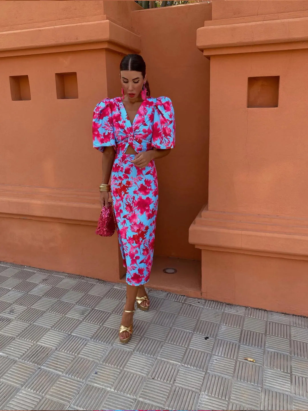 Womens Fitted Midi Dress with Printed Fabric and Buff Sleeve