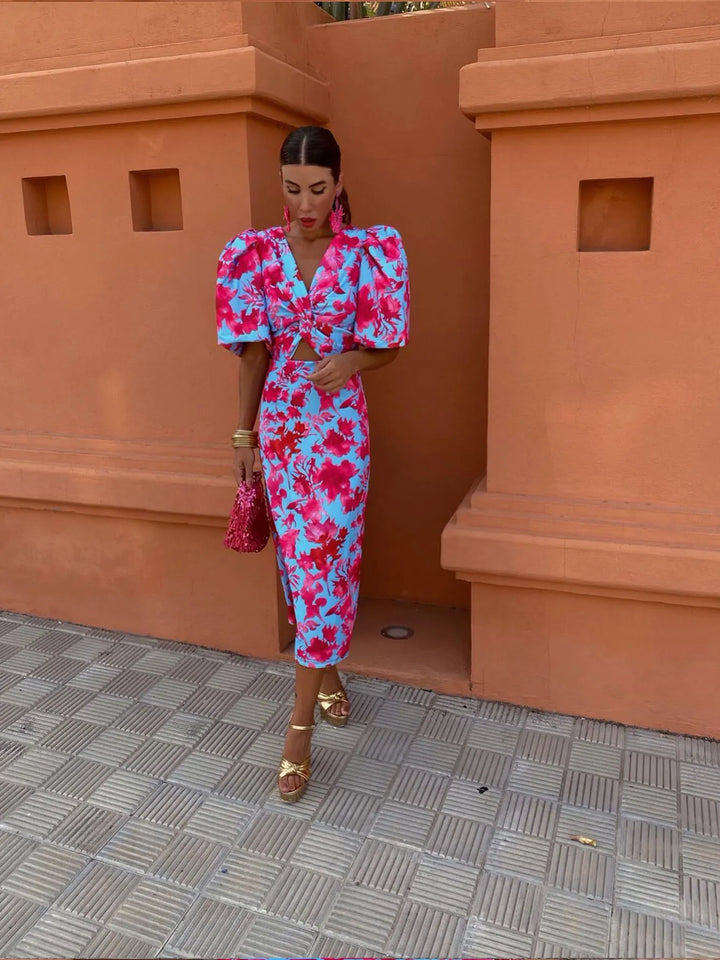 Womens Fitted Midi Dress with Printed Fabric and Buff Sleeve