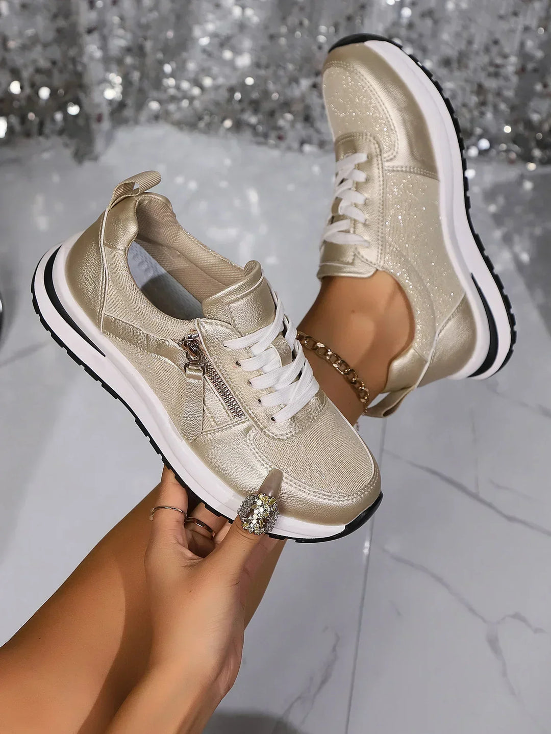 Womens Lace-Up Sneakers with Zip and Platform Sole