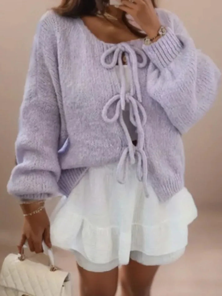 Womens Knit Cardigan with Tie-Front V-Neck Batwing Sleeve
