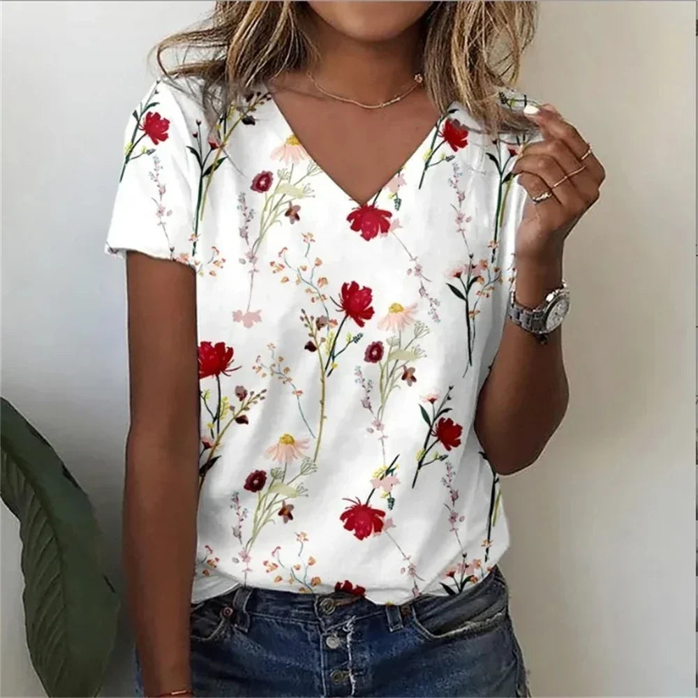 Womens V-Neck T-Shirt Cotton Loose Fit Casual