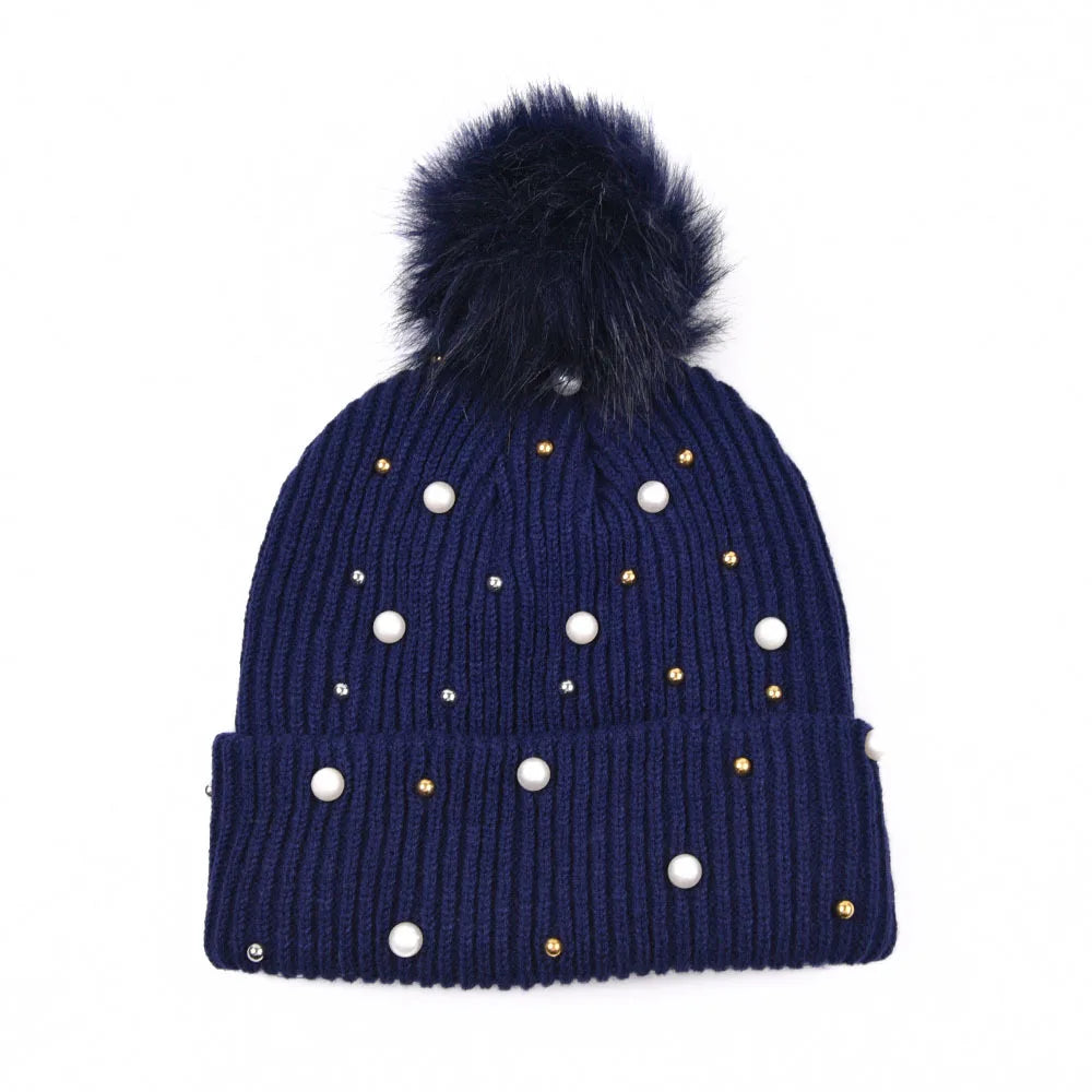 Unisex Winter Knit Hat with Beaded Pom Pom