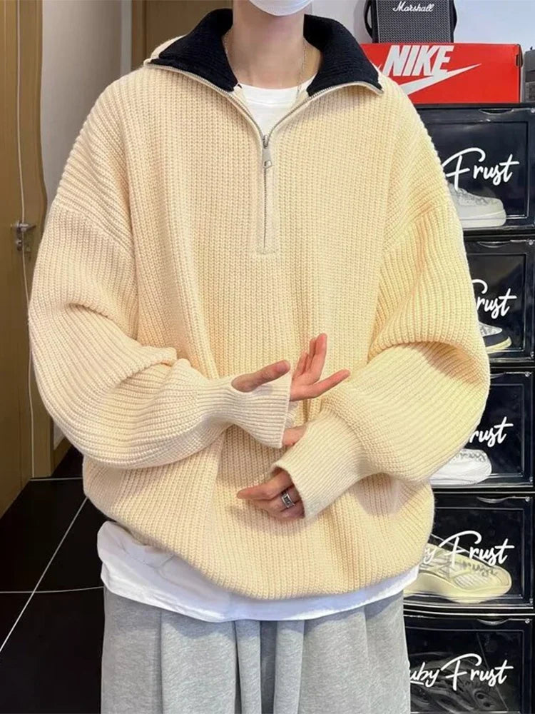 Mens Pullover Sweater Half-Zip Crew Neck Retro Style