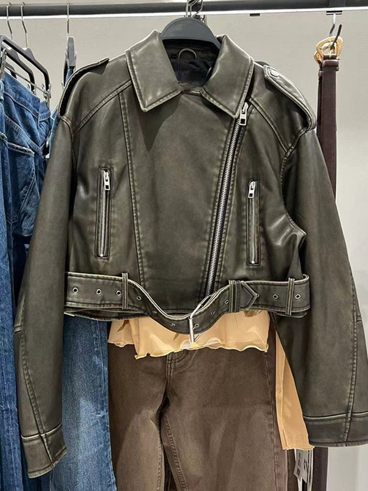 Womens Vegan Leather Coat with Zip and Belt - BritishMode