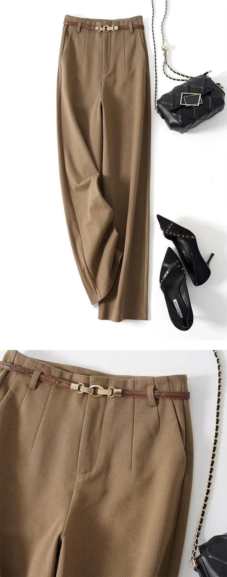 Womens High-Waist Wide-Leg Trousers Polyester Tailored Fit with Belt