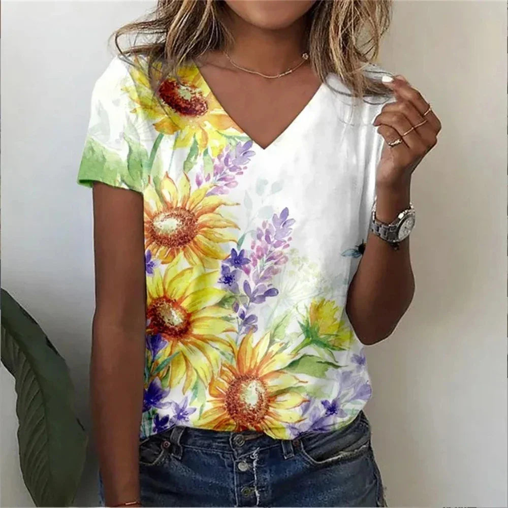Womens V-Neck T-Shirt Cotton Loose Fit Casual