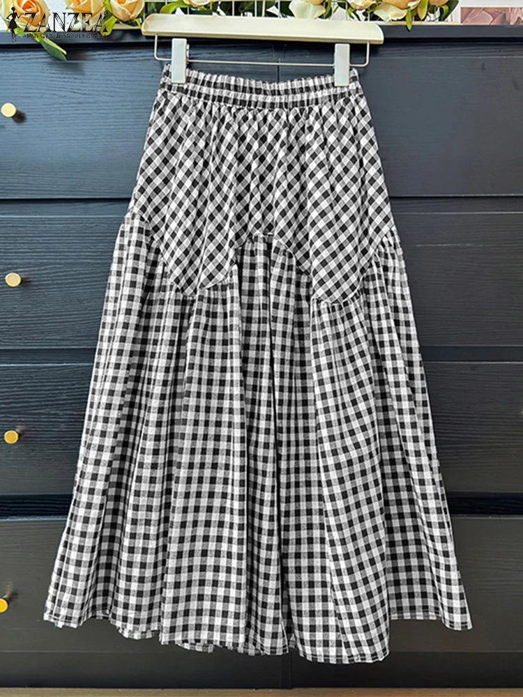 Womens Flared Skirt with Checked Pattern Long Length