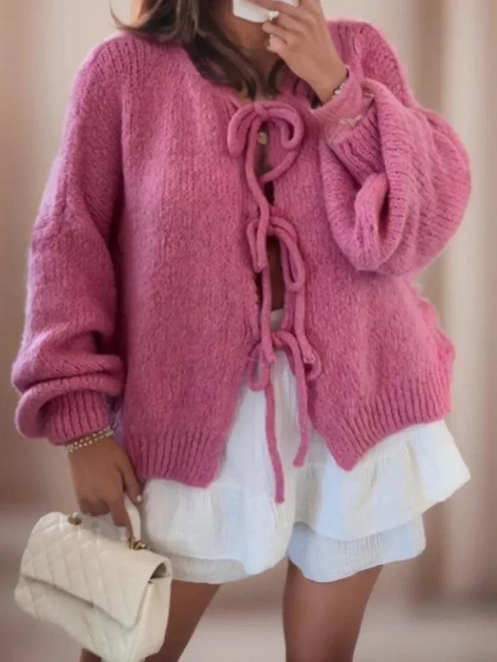 Womens Knit Cardigan with Tie-Front V-Neck Batwing Sleeve