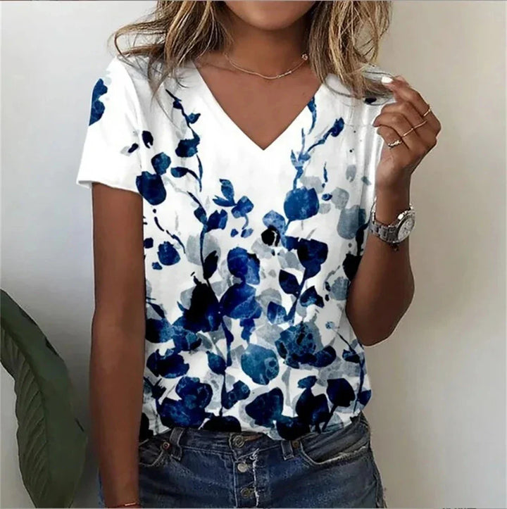 Womens V-Neck T-Shirt Cotton Loose Fit Casual