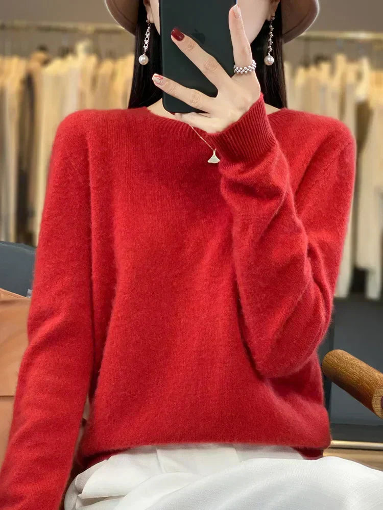 Womens Merino Wool Sweater O-Neck Soft Fit