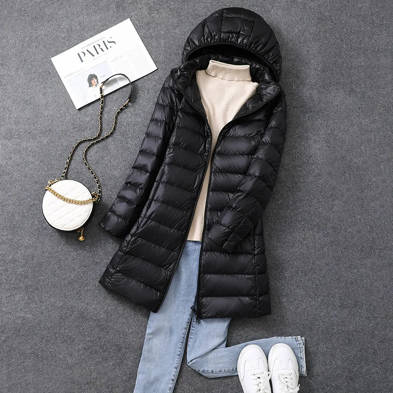 Womens Long Puffer Coat with Detachable Hood Winter