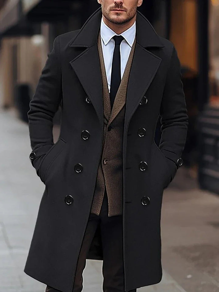 Mens Double Breasted Coat Wool Blend Mid-Length Casual Fit