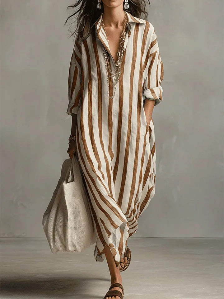 Womens Maxi Shirt Dress with Lapel Collar and Button Placket