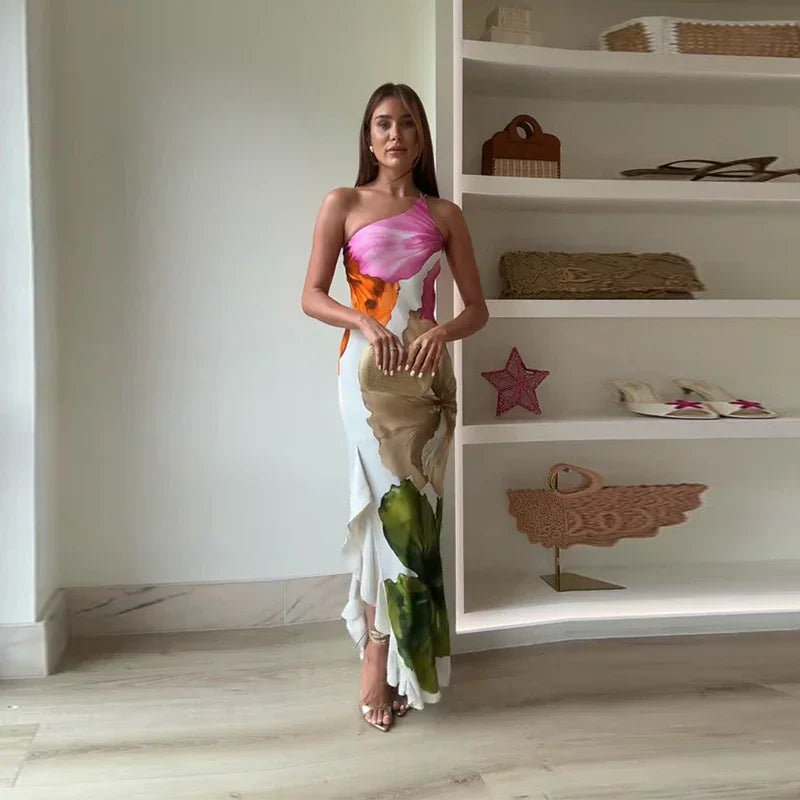 Womens Off Shoulder Long Dress Floral Pattern - BritishMode