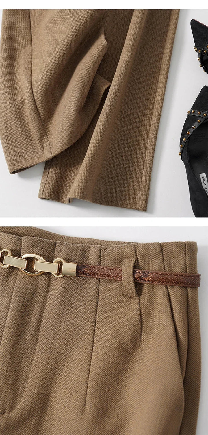 Womens High-Waist Wide-Leg Trousers Polyester Tailored Fit with Belt