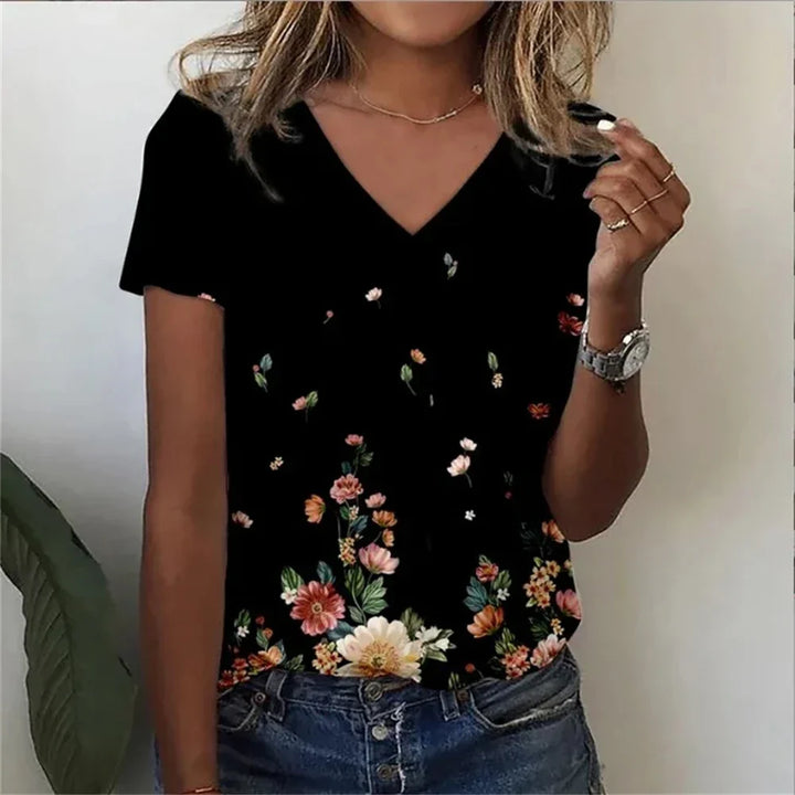 Womens V-Neck T-Shirt Cotton Loose Fit Casual