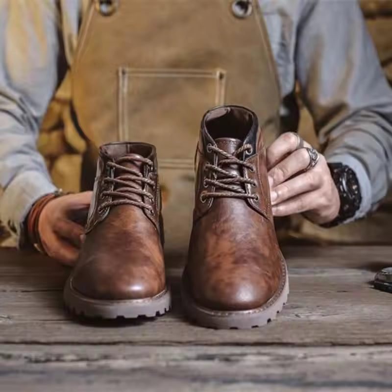Mens Ankle Boots PU Leather Lace-Up Sturdy Sole