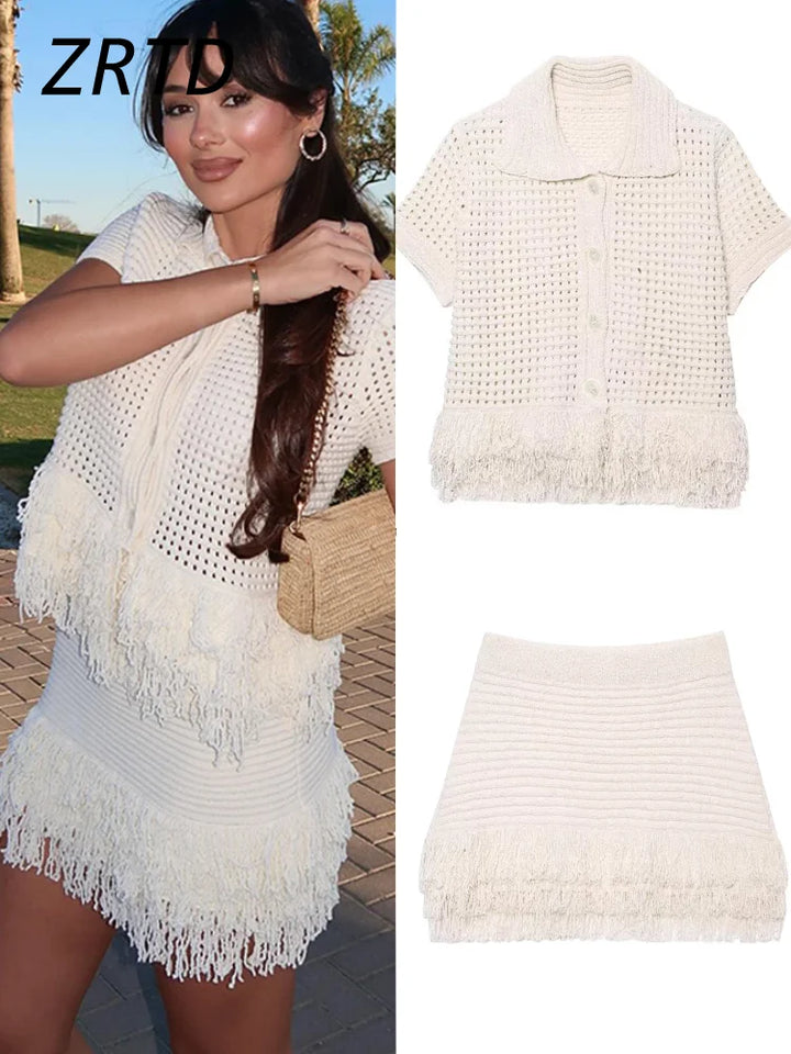 Womens Sweater and Skirt Set with Fringe Cozy Fit - BritishMode
