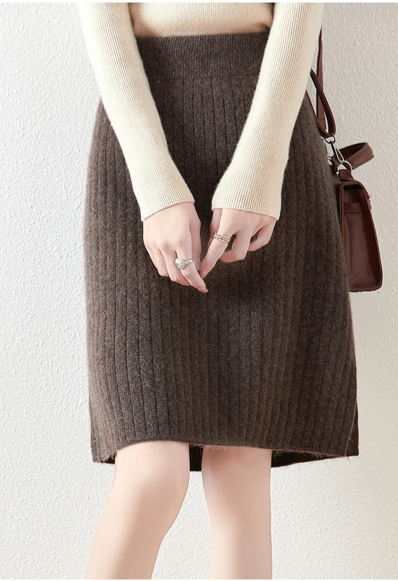 Womens Merino Wool Knit Midi Skirt Ribbed Soft Fit