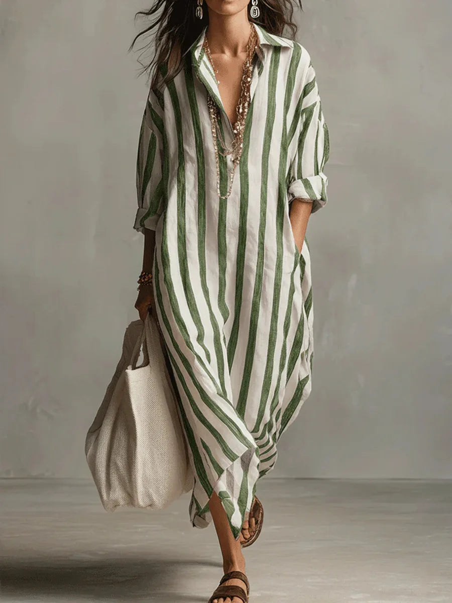 Womens Maxi Shirt Dress with Lapel Collar and Button Placket