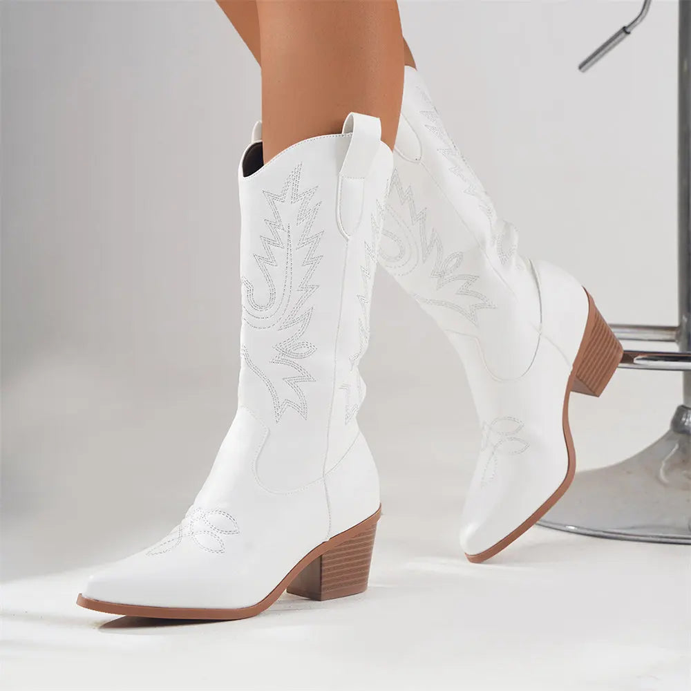 Womens Ankle Boots Embroidered Block Heel
