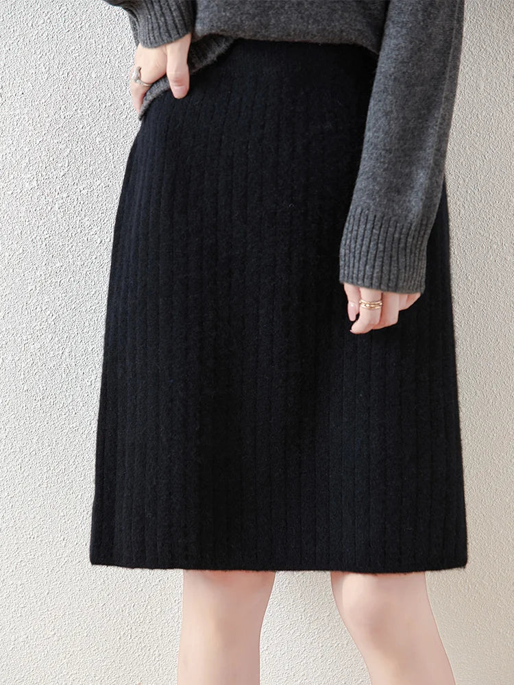 Womens Merino Wool Knit Midi Skirt Ribbed Soft Fit