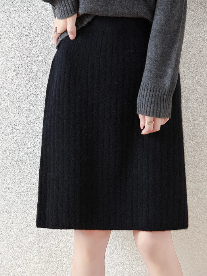 Womens Merino Wool Knit Midi Skirt Ribbed Soft Fit
