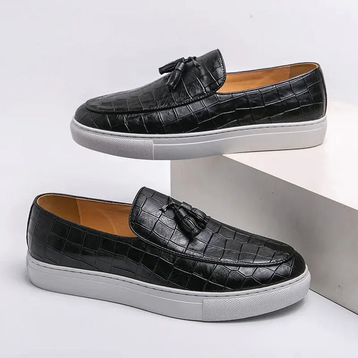 Mens Leather Loafers Embossed Breathable Refined Fit