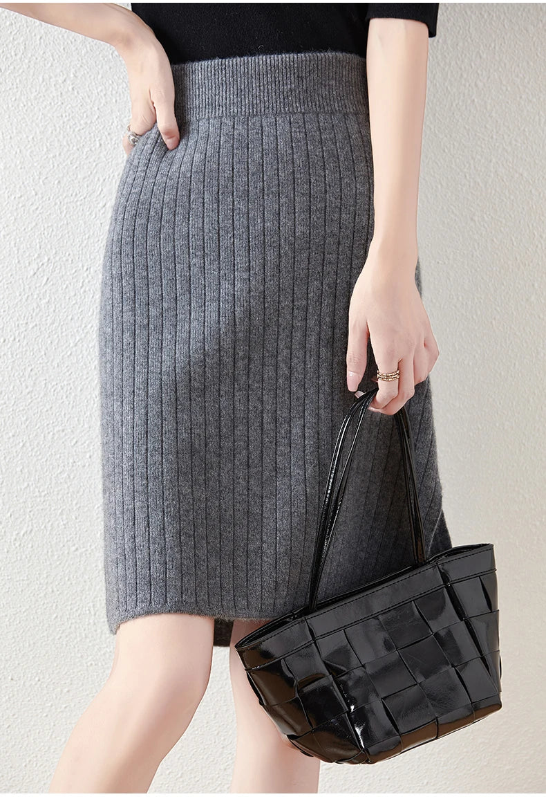 Womens Merino Wool Knit Midi Skirt Ribbed Soft Fit