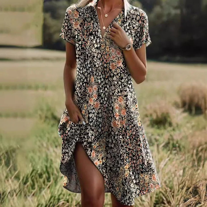 Womens Floral Dress with V-Neck and Button Front