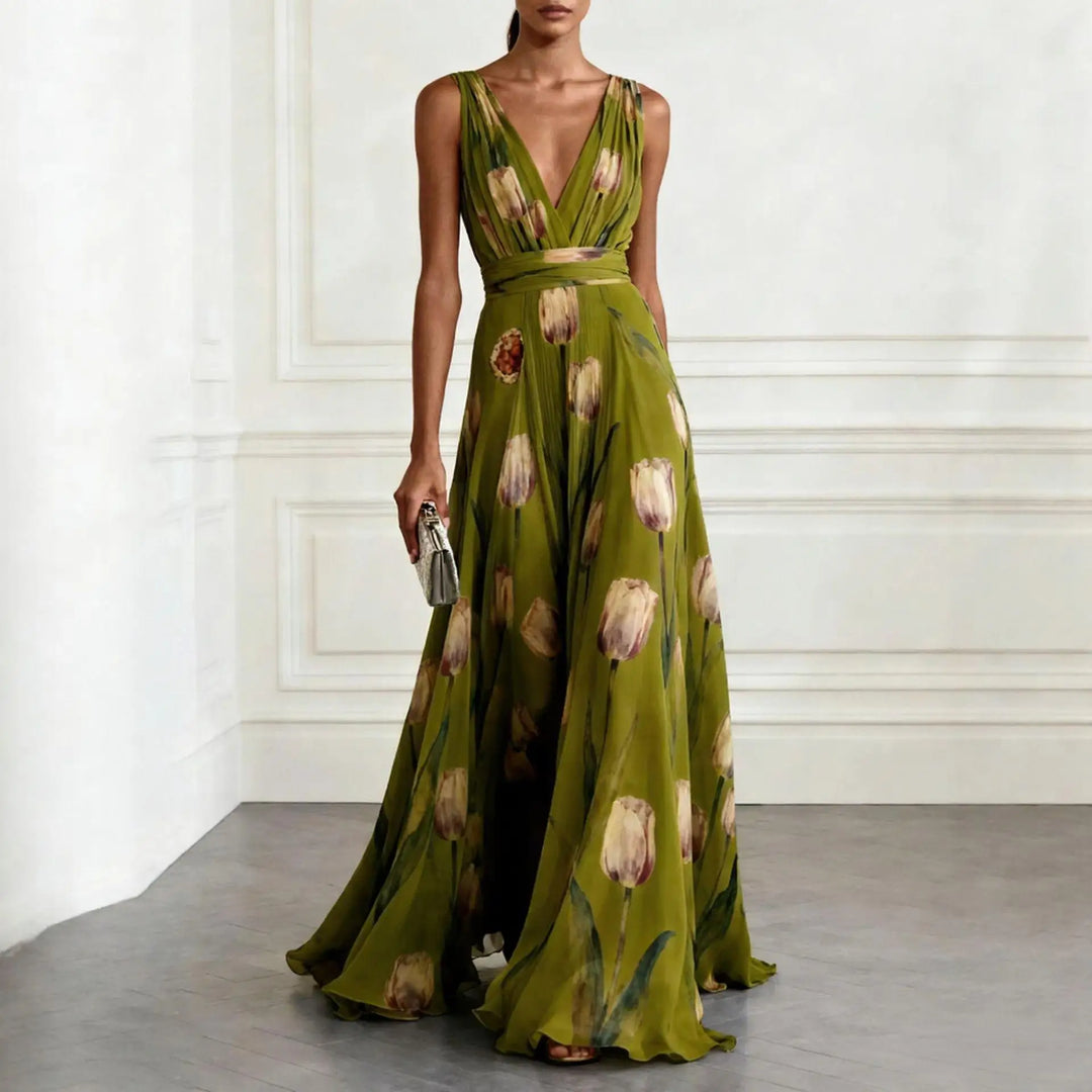 Womens Maxi Dress V-Neck Tulip Print Brooch Detail