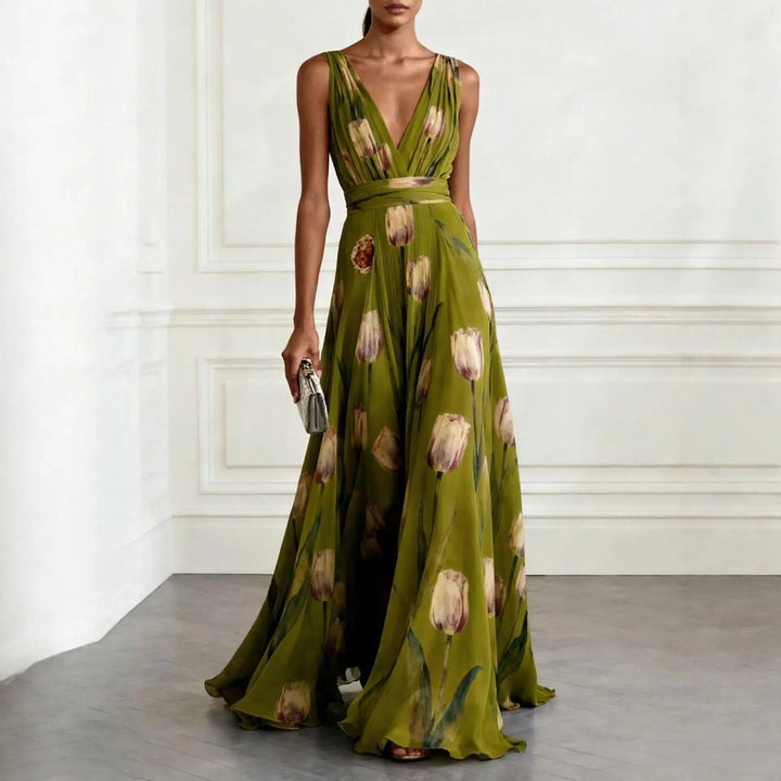 Womens Maxi Dress V-Neck Tulip Print Brooch Detail
