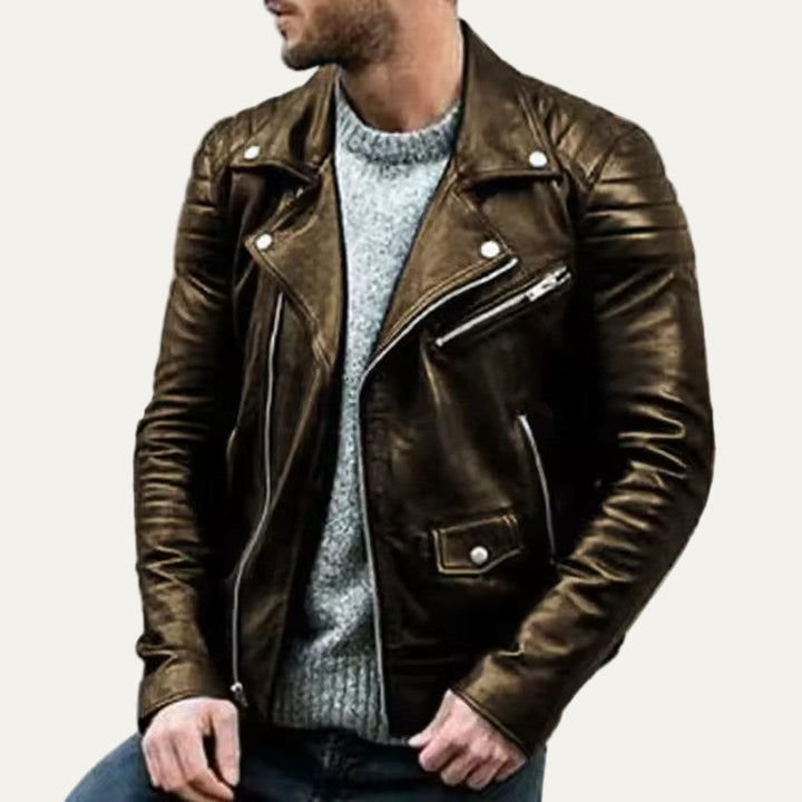 Mens Leather Biker Jacket Asymmetrical Zip