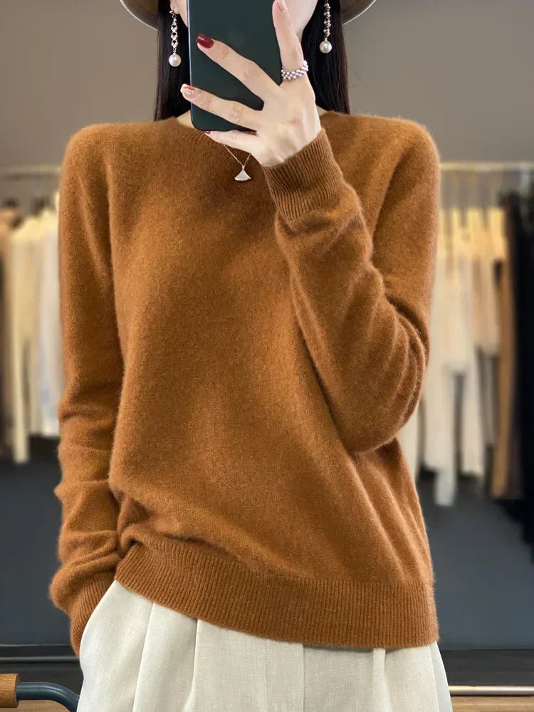 Womens Merino Wool Sweater O-Neck Soft Fit