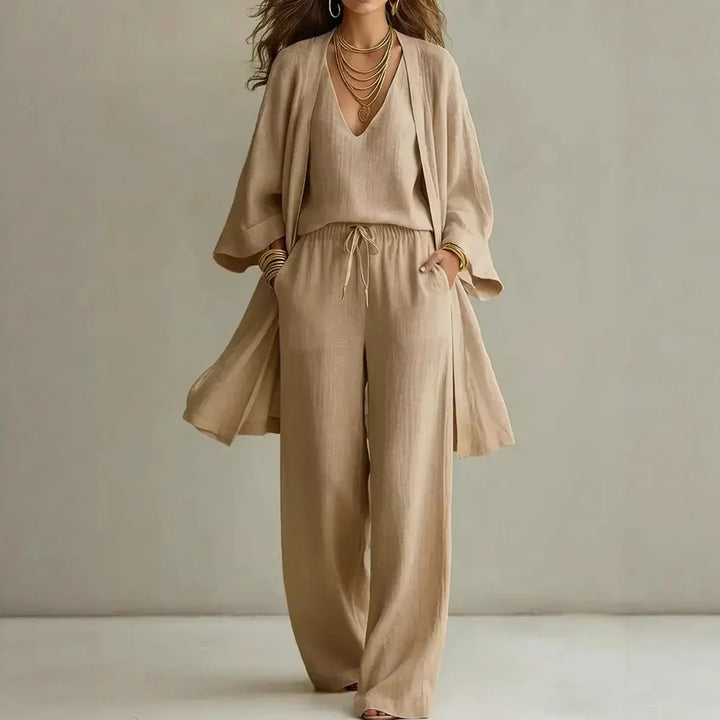 Womens Linen Three-Piece Set Cardigan and Trousers Relaxed Fit