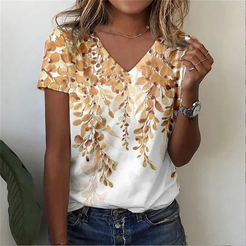 Womens V-Neck T-Shirt Cotton Loose Fit Casual