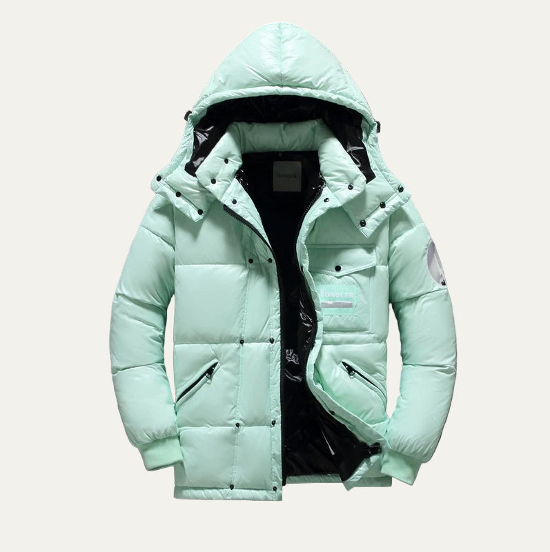 Mens Hooded Puffer Jacket Glossy Finish Multi Pockets
